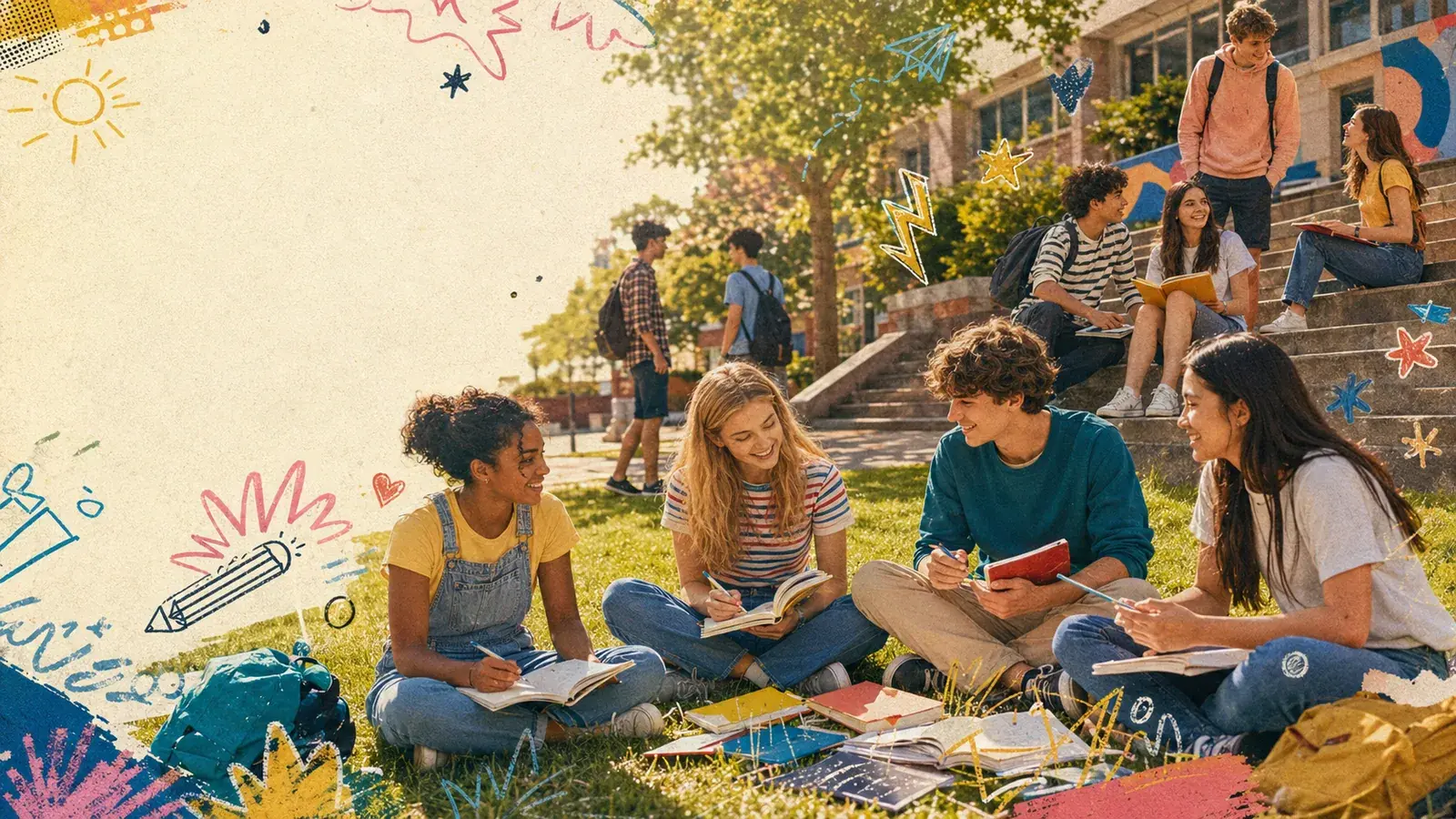 Students studying together outdoors on a summer afternoon